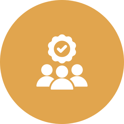 Group icon with checkmark on orange background.