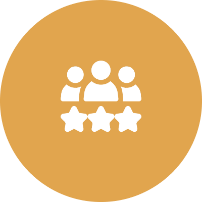 Three figures with stars on orange circle.
