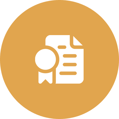 Certificate icon on orange circular background.