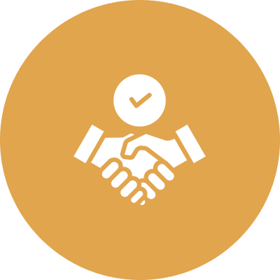 Handshake icon with checkmark on orange background.