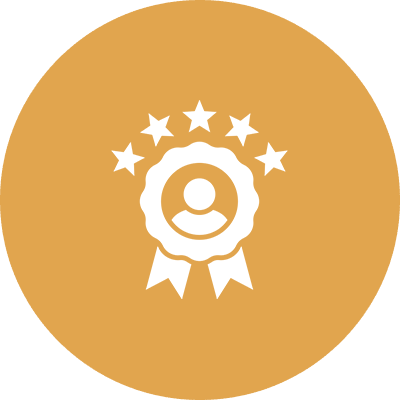 Award badge with stars on orange background.
