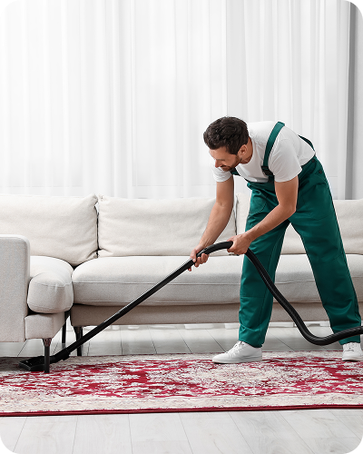 Man vacuuming a red carpet indoors.